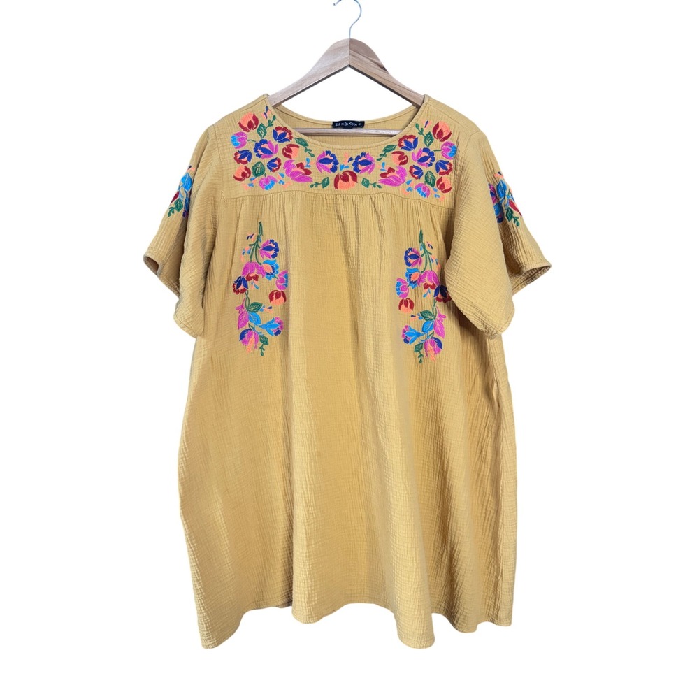 See N Be Seen Dress Women 1X Mustard Yellow Floral Embroidered Tunic Gauzy Boho - Picture 2 of 10